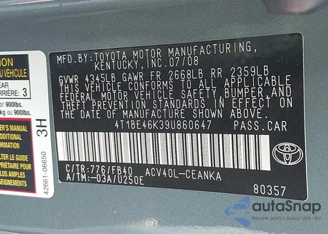 2009 Toyota Camry Le z USA, uszkodzony, nr VIN 4T1BE46K39U860647